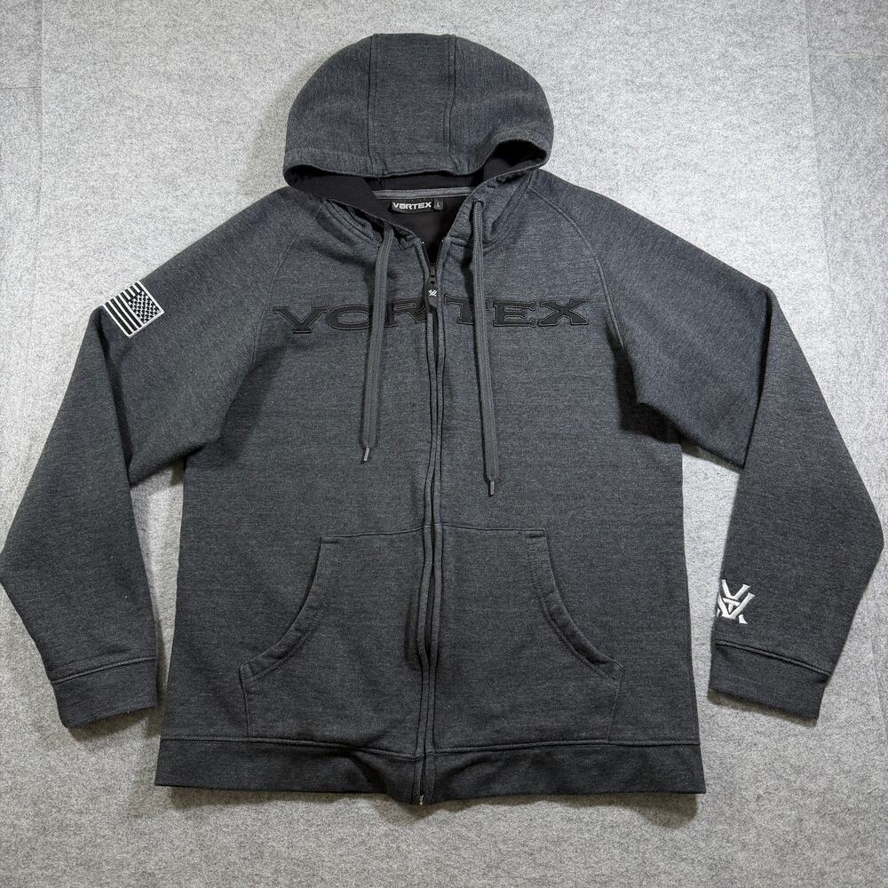 Vortex Full Zip Hoodie Mens L Dark Gray Heavyweight Fleece Flag Patch Outdoor